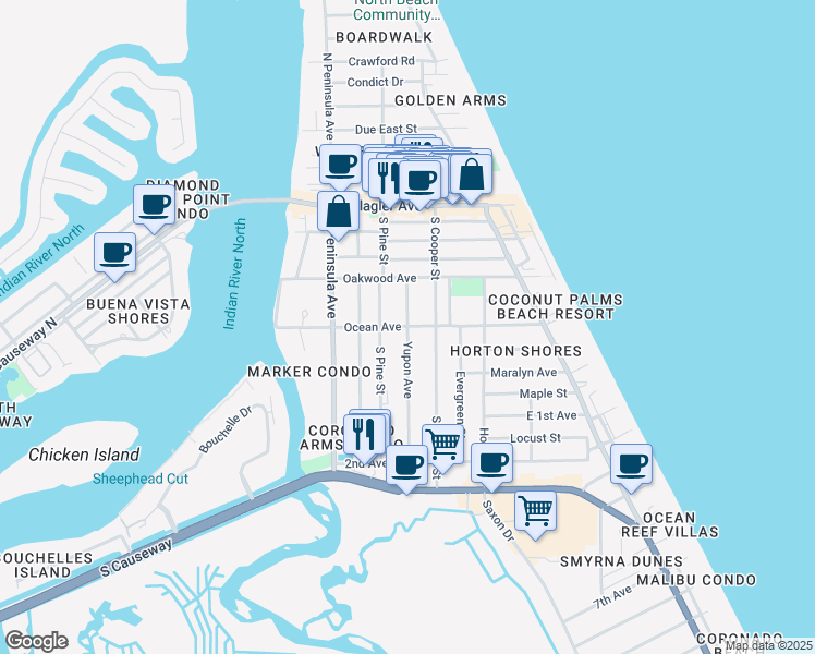 map of restaurants, bars, coffee shops, grocery stores, and more near 499 Ocean Avenue in New Smyrna Beach