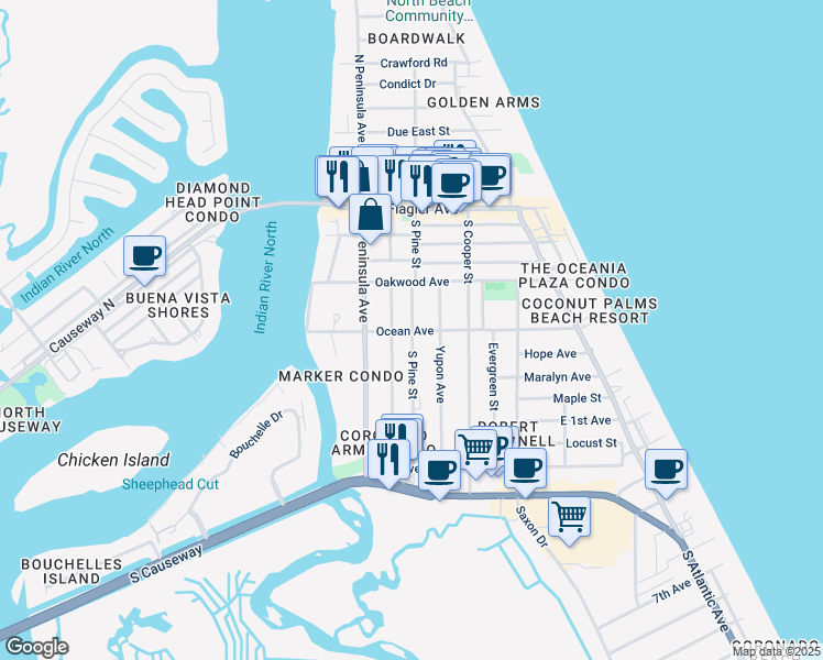 map of restaurants, bars, coffee shops, grocery stores, and more near 399 Ocean Avenue in New Smyrna Beach