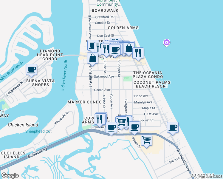 map of restaurants, bars, coffee shops, grocery stores, and more near Ocean Avenue in New Smyrna Beach