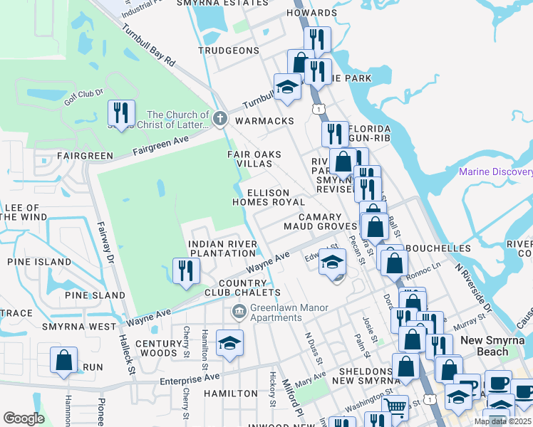 map of restaurants, bars, coffee shops, grocery stores, and more near 719 Jane Avenue in New Smyrna Beach