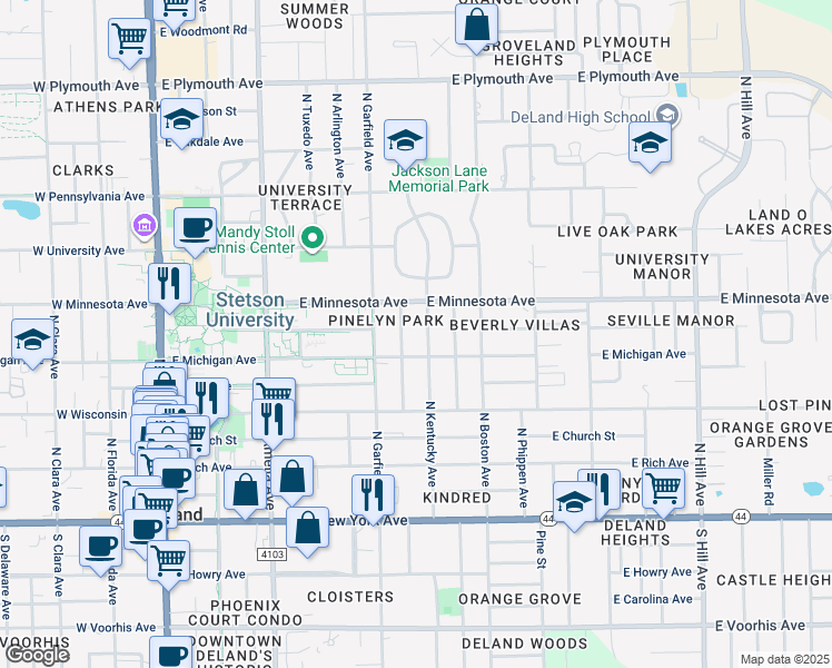 map of restaurants, bars, coffee shops, grocery stores, and more near 407 North Fairview Avenue in DeLand