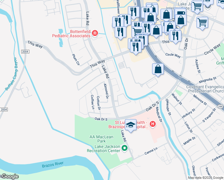 map of restaurants, bars, coffee shops, grocery stores, and more near 68 Tangerine Court in Lake Jackson