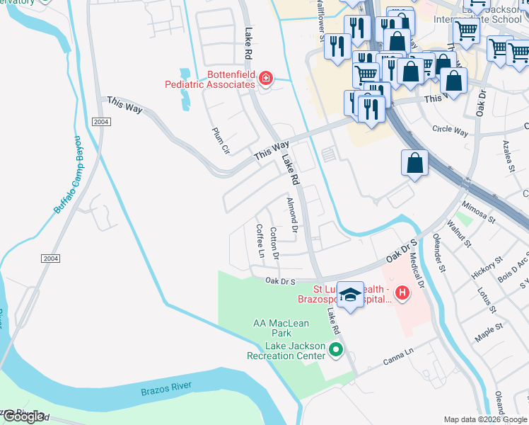 map of restaurants, bars, coffee shops, grocery stores, and more near 151 Cotton Drive in Lake Jackson
