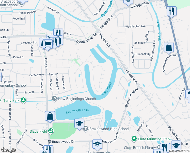 map of restaurants, bars, coffee shops, grocery stores, and more near 410 Bentwood Way in Clute