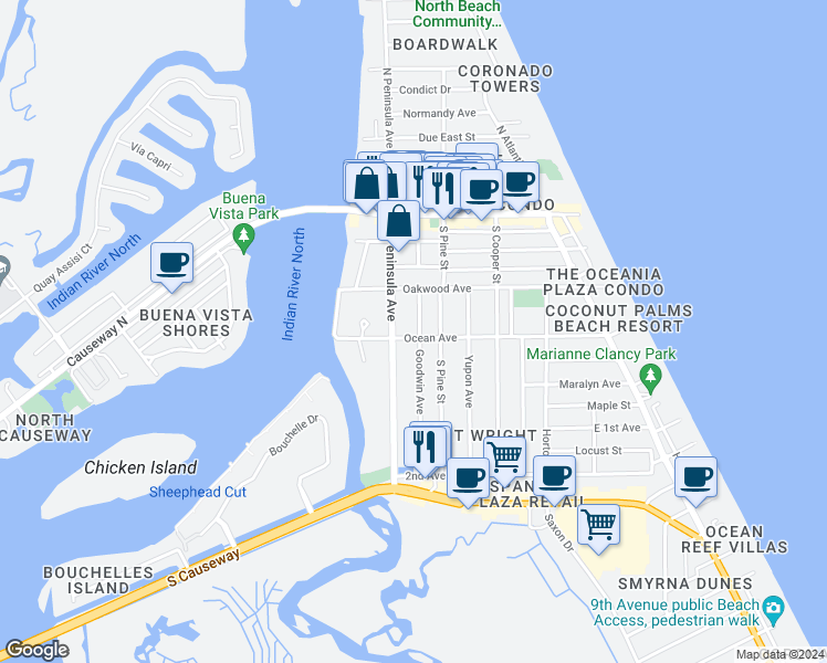 map of restaurants, bars, coffee shops, grocery stores, and more near 210 Ocean Avenue in New Smyrna Beach