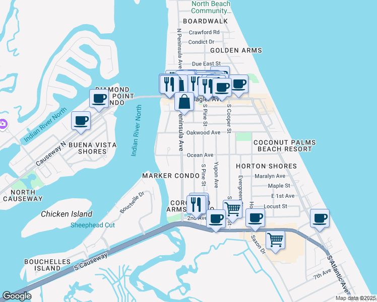 map of restaurants, bars, coffee shops, grocery stores, and more near 503 South Peninsula Avenue in New Smyrna Beach