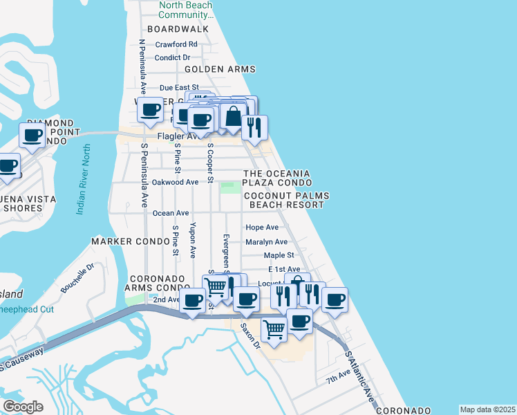 map of restaurants, bars, coffee shops, grocery stores, and more near 824 Hope Avenue in New Smyrna Beach