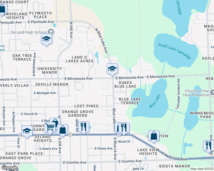 map of restaurants, bars, coffee shops, grocery stores, and more near 425 Deanna Circle in DeLand