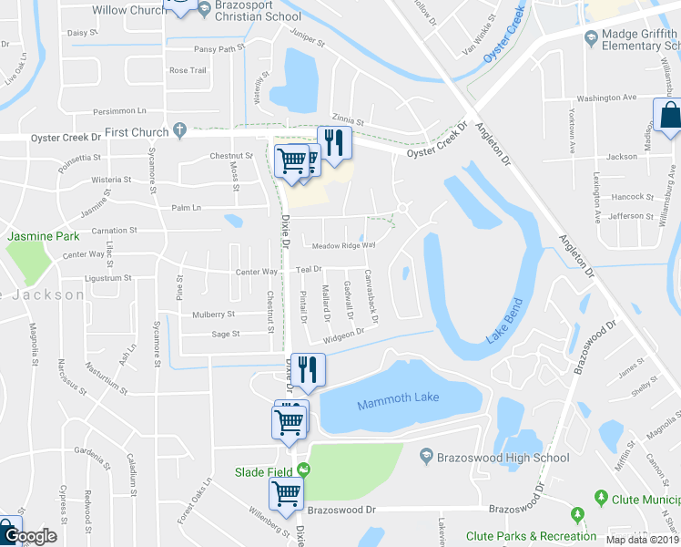 map of restaurants, bars, coffee shops, grocery stores, and more near 101 Gadwall Drive in Clute