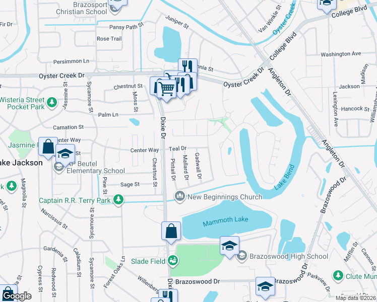 map of restaurants, bars, coffee shops, grocery stores, and more near 107 Gadwall Drive in Clute