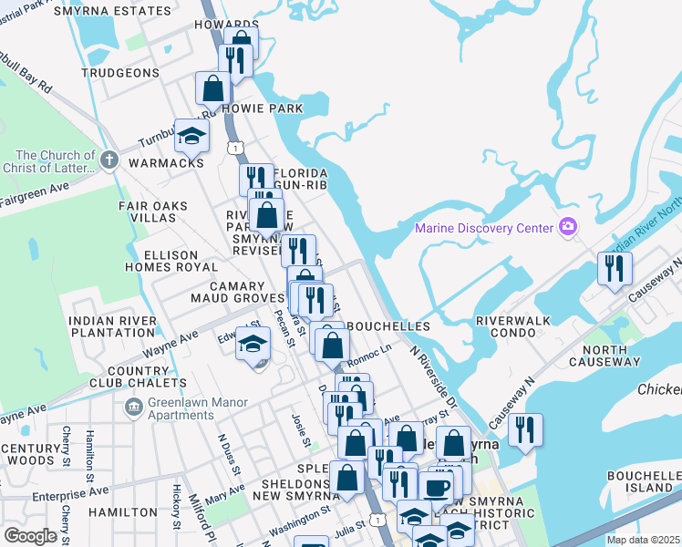 map of restaurants, bars, coffee shops, grocery stores, and more near 101 Wayne Avenue in New Smyrna Beach