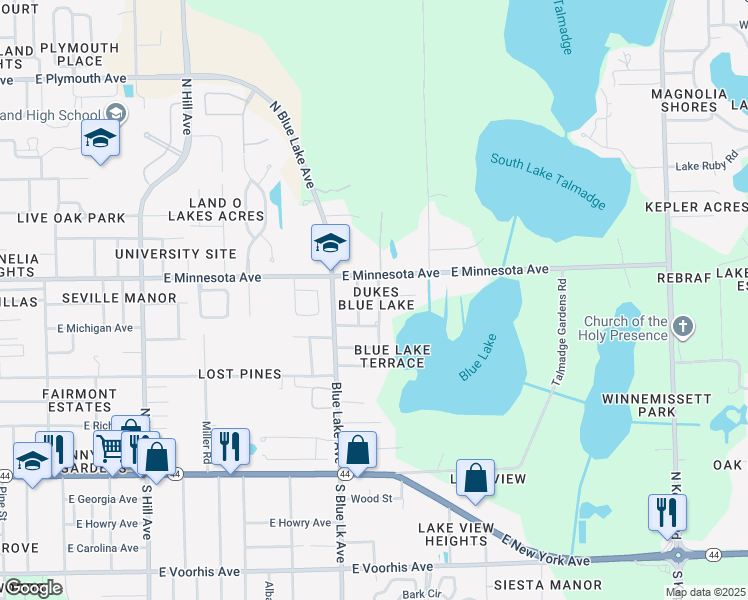 map of restaurants, bars, coffee shops, grocery stores, and more near 408 North Blue Lake Terrace in DeLand
