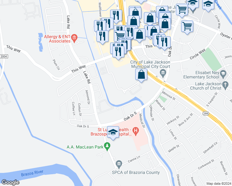 map of restaurants, bars, coffee shops, grocery stores, and more near 240 Abner Jackson Parkway in Lake Jackson