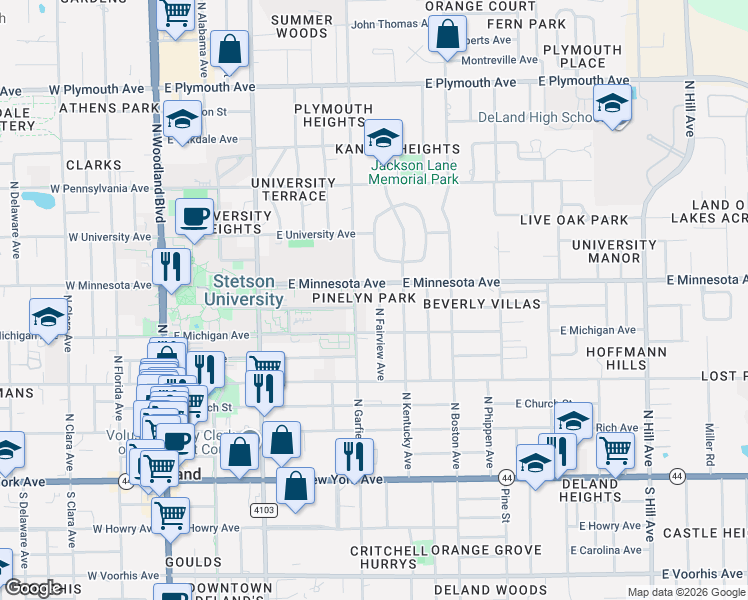map of restaurants, bars, coffee shops, grocery stores, and more near 524 East Minnesota Avenue in DeLand