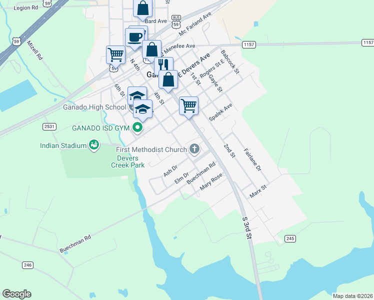map of restaurants, bars, coffee shops, grocery stores, and more near 703 Hackberry in Ganado