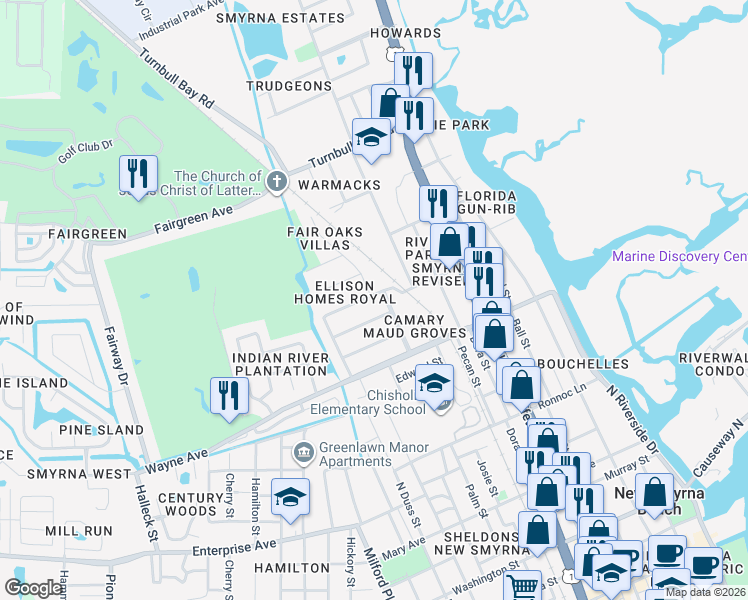 map of restaurants, bars, coffee shops, grocery stores, and more near 703 Eleanore Avenue in New Smyrna Beach