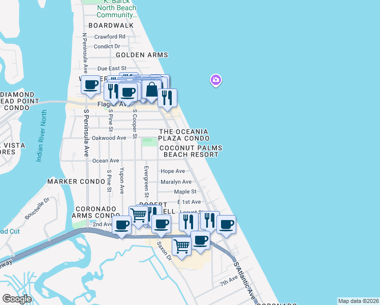map of restaurants, bars, coffee shops, grocery stores, and more near 611 South Atlantic Avenue in New Smyrna Beach