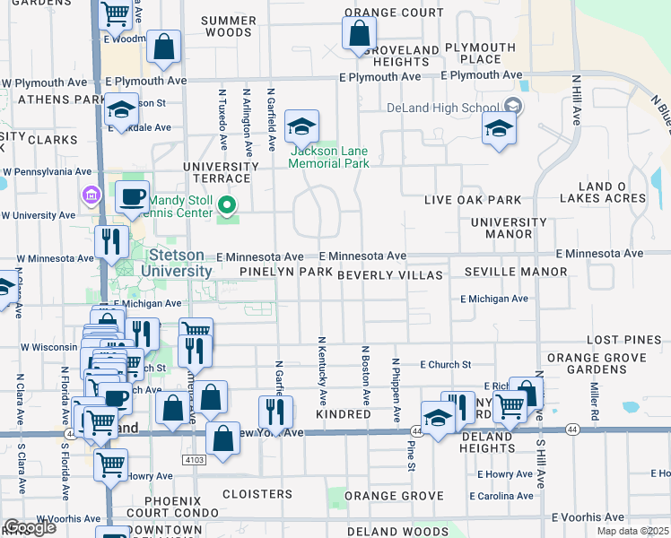 map of restaurants, bars, coffee shops, grocery stores, and more near 600 East Minnesota Avenue in DeLand