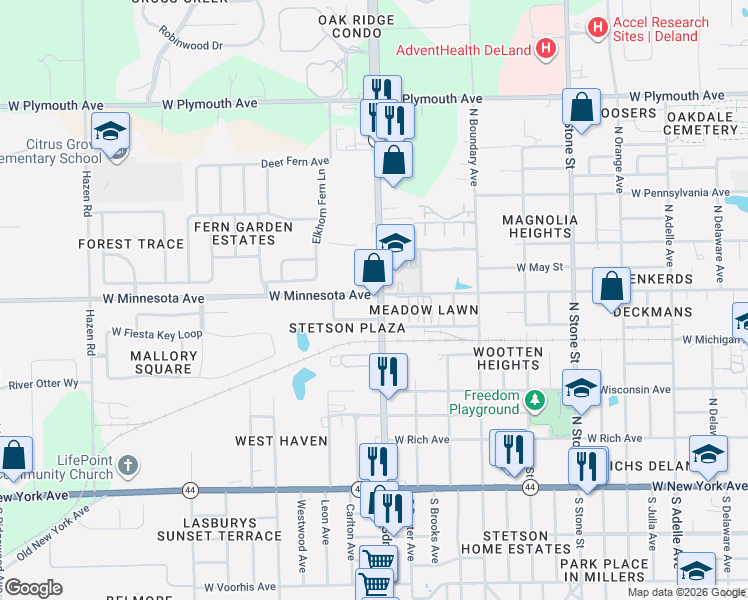 map of restaurants, bars, coffee shops, grocery stores, and more near 490 North Spring Garden Avenue in DeLand