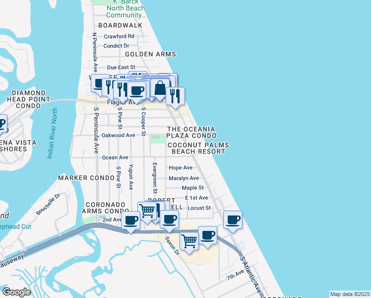 map of restaurants, bars, coffee shops, grocery stores, and more near 602 South Atlantic Avenue in New Smyrna Beach