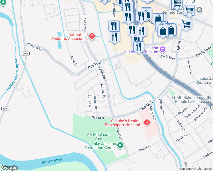 map of restaurants, bars, coffee shops, grocery stores, and more near 52 Tangerine Court in Lake Jackson