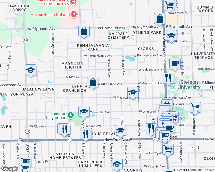 map of restaurants, bars, coffee shops, grocery stores, and more near 505 West Minnesota Avenue in DeLand