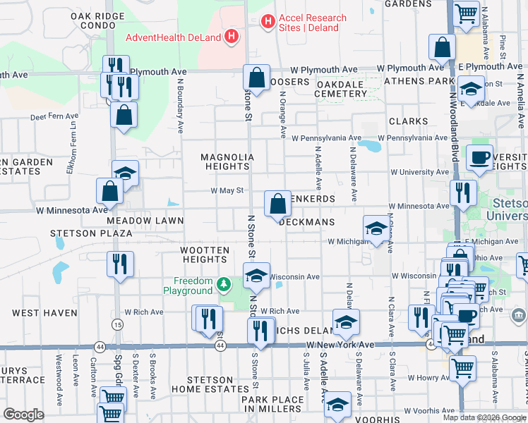 map of restaurants, bars, coffee shops, grocery stores, and more near 617 West Minnesota Avenue in DeLand