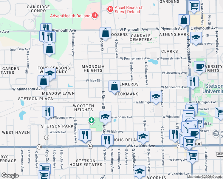 map of restaurants, bars, coffee shops, grocery stores, and more near 617 West Minnesota Avenue in DeLand