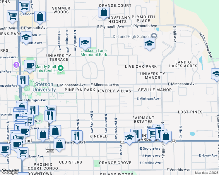 map of restaurants, bars, coffee shops, grocery stores, and more near 704 East Minnesota Avenue in DeLand