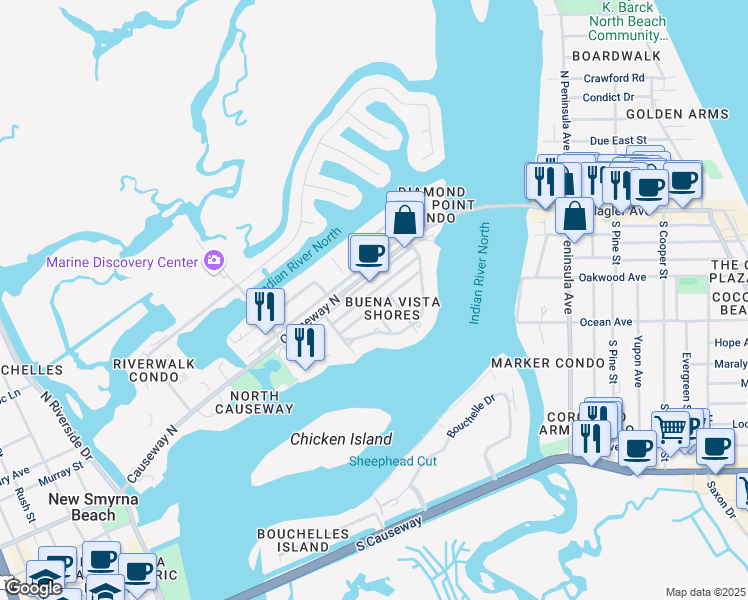 map of restaurants, bars, coffee shops, grocery stores, and more near 382 North Causeway in New Smyrna Beach