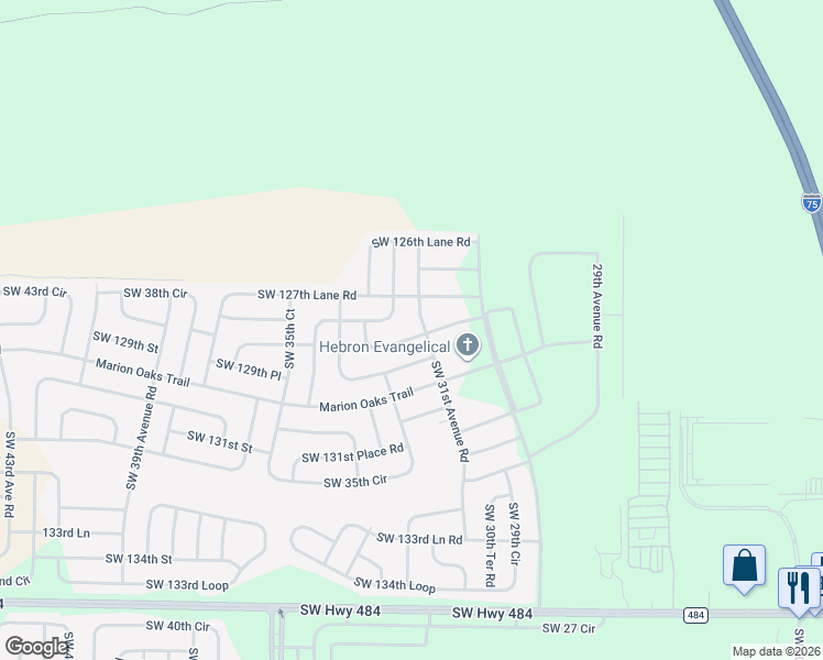map of restaurants, bars, coffee shops, grocery stores, and more near 12816 Southwest 31st Avenue Road in Ocala