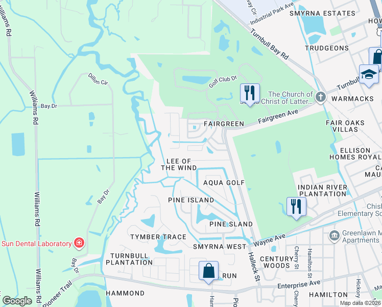 map of restaurants, bars, coffee shops, grocery stores, and more near 33 Sandra Cir in New Smyrna Beach
