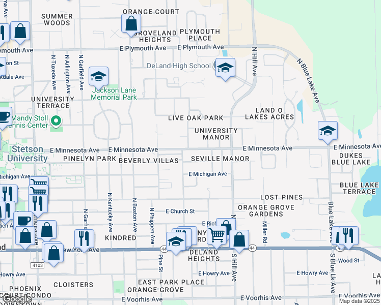 map of restaurants, bars, coffee shops, grocery stores, and more near 906 East Minnesota Avenue in DeLand