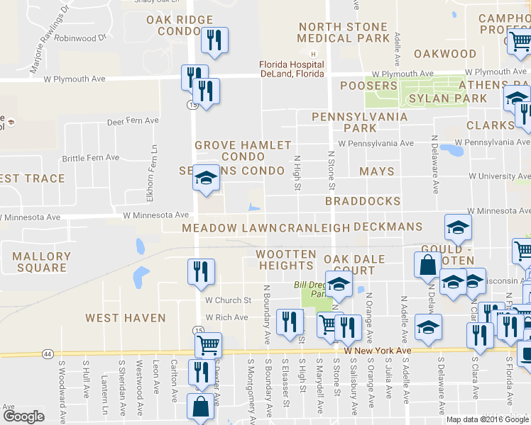 map of restaurants, bars, coffee shops, grocery stores, and more near 855 West Minnesota Avenue in DeLand