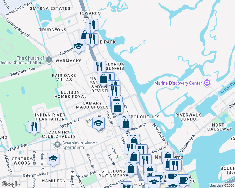 map of restaurants, bars, coffee shops, grocery stores, and more near 715 Neal Street in New Smyrna Beach