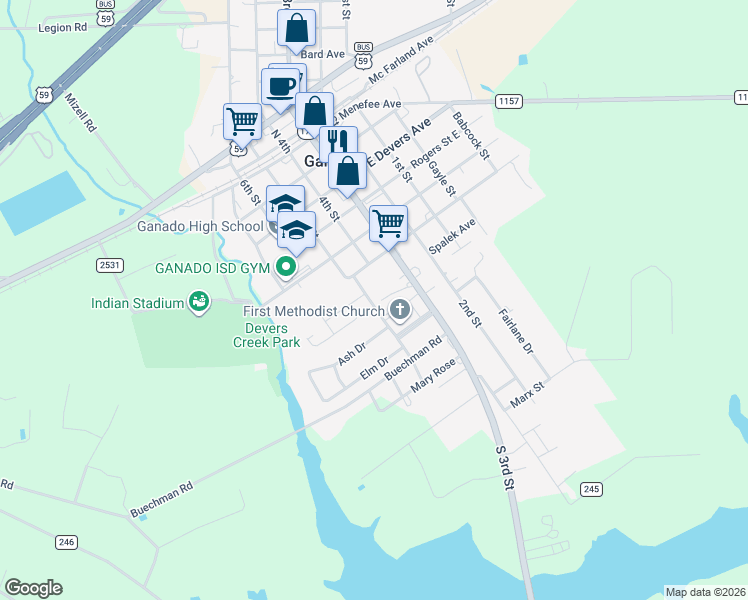 map of restaurants, bars, coffee shops, grocery stores, and more near 703 Hackberry in Ganado