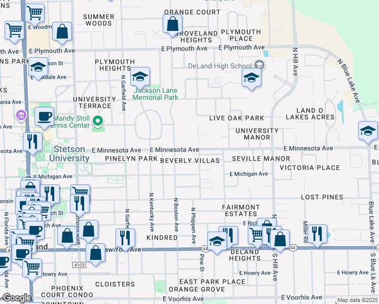 map of restaurants, bars, coffee shops, grocery stores, and more near 500 North Kansas Avenue in DeLand