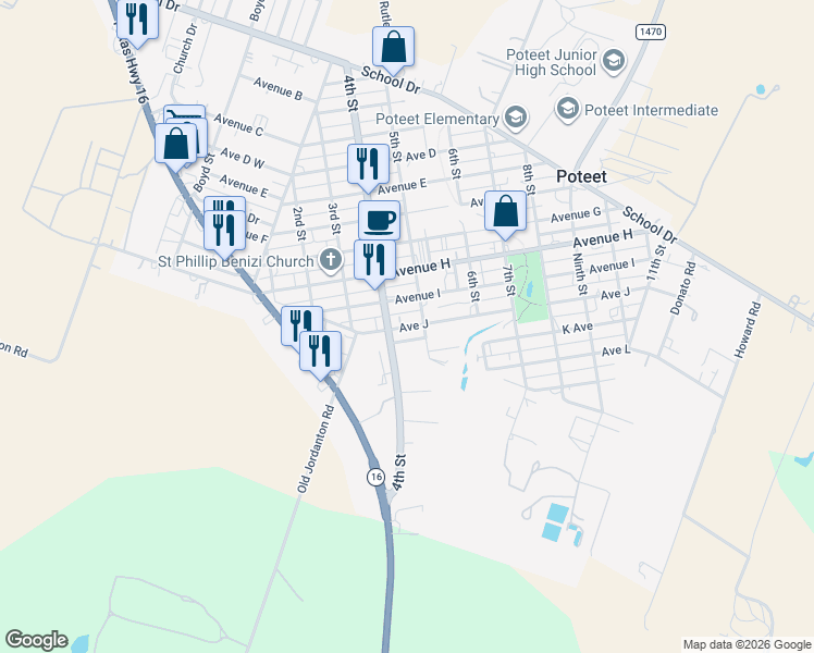 map of restaurants, bars, coffee shops, grocery stores, and more near 524 Ave J in Poteet