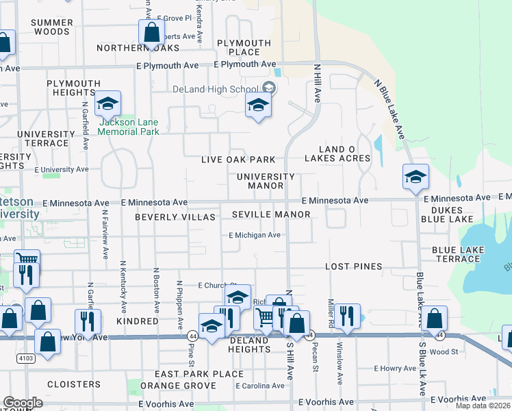 map of restaurants, bars, coffee shops, grocery stores, and more near 442 North Virginia Avenue in DeLand