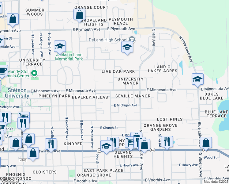 map of restaurants, bars, coffee shops, grocery stores, and more near 906 East Minnesota Avenue in DeLand