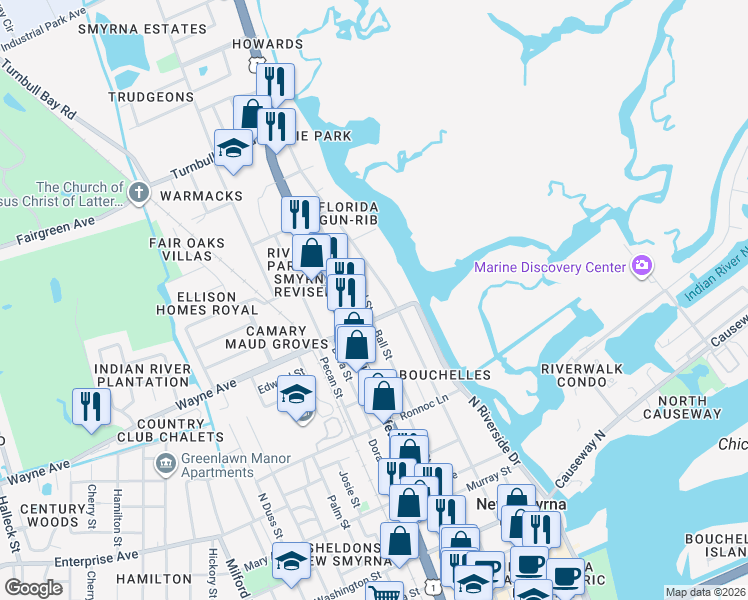 map of restaurants, bars, coffee shops, grocery stores, and more near 715 Neal Street in New Smyrna Beach