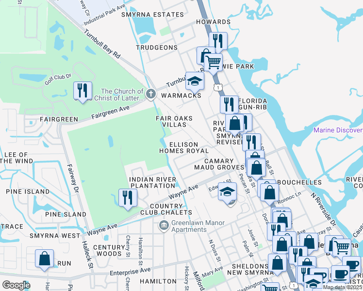 map of restaurants, bars, coffee shops, grocery stores, and more near 712 Phyllis Avenue in New Smyrna Beach
