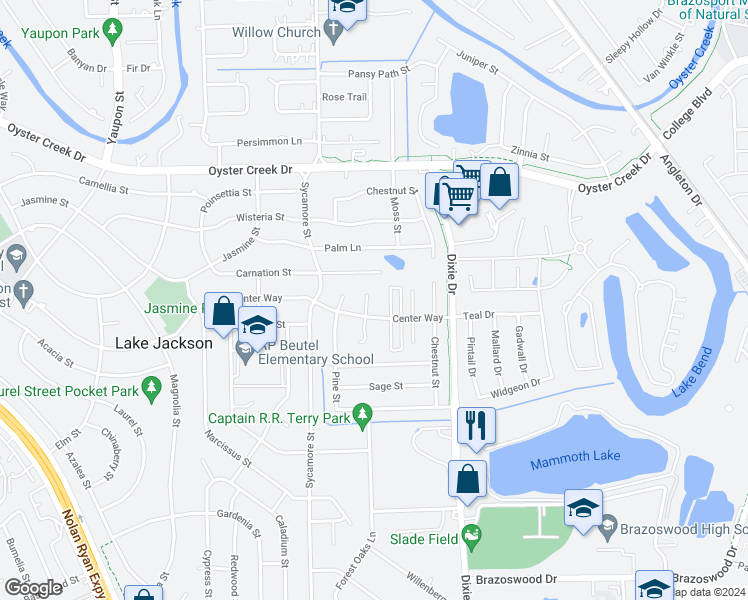 map of restaurants, bars, coffee shops, grocery stores, and more near 56 North Shamrock Court in Lake Jackson