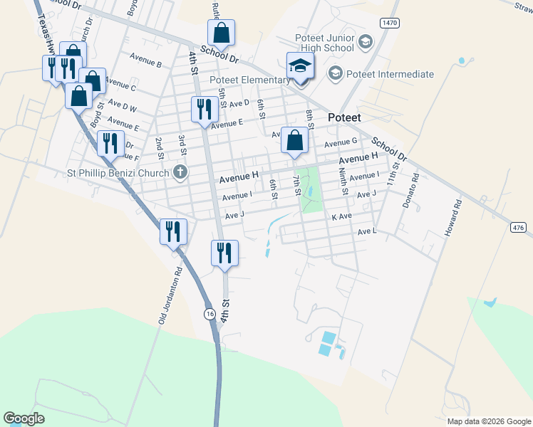 map of restaurants, bars, coffee shops, grocery stores, and more near 524 Avenue J in Poteet