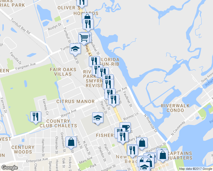 map of restaurants, bars, coffee shops, grocery stores, and more near 715 North Dixie Freeway in New Smyrna Beach