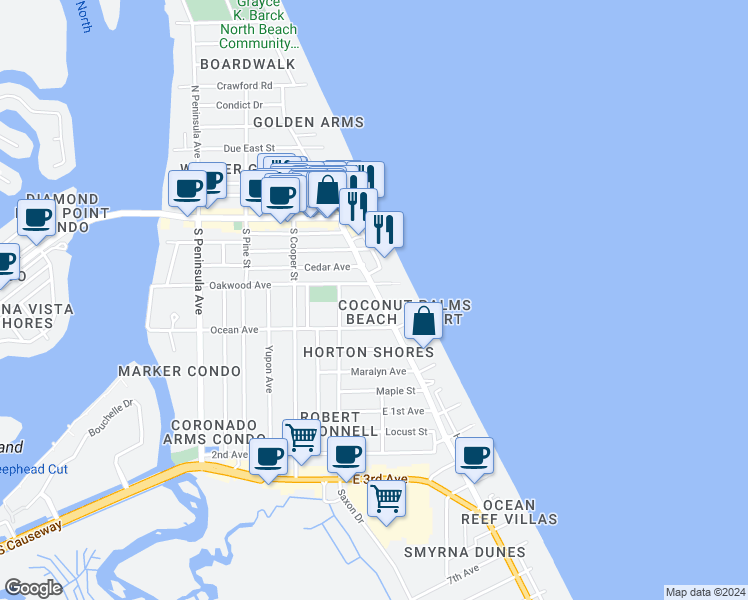 map of restaurants, bars, coffee shops, grocery stores, and more near 822 Carol Avenue in New Smyrna Beach