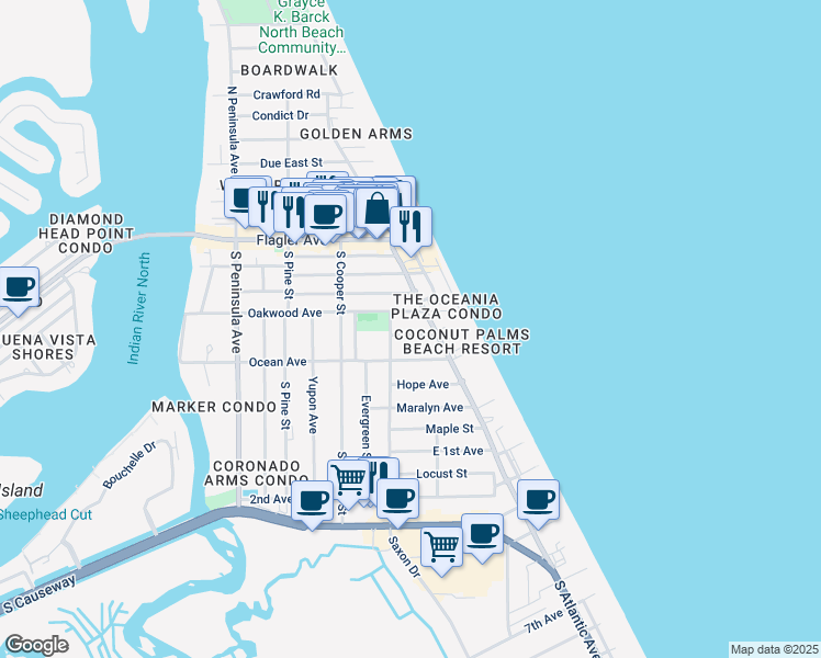 map of restaurants, bars, coffee shops, grocery stores, and more near 800 Carol Avenue in New Smyrna Beach