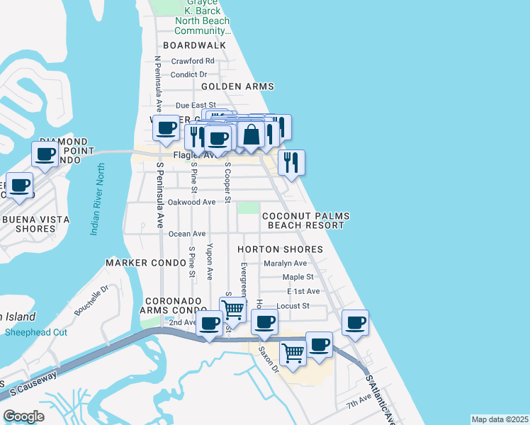 map of restaurants, bars, coffee shops, grocery stores, and more near 800 Carol Avenue in New Smyrna Beach