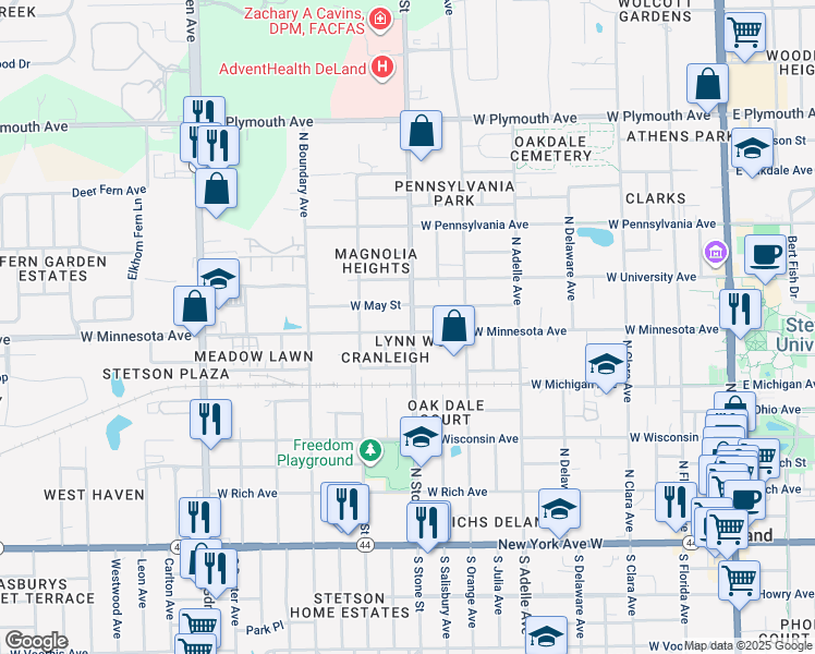 map of restaurants, bars, coffee shops, grocery stores, and more near 701 West Minnesota Avenue in DeLand