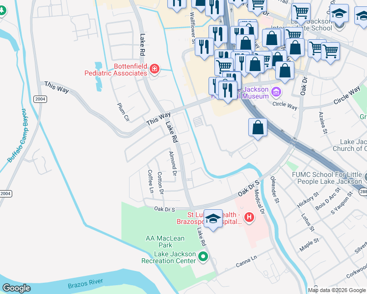 map of restaurants, bars, coffee shops, grocery stores, and more near 52 Tangerine Ct in Lake Jackson